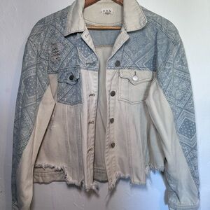 POL Blue and Cream Patterned Jean Jacket
